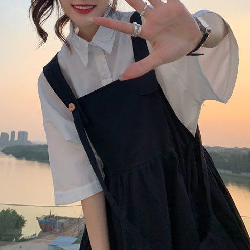 夏季日系韓版寬鬆學院甜美背帶洋裝襯衫兩件套 2XL 白色襯衫/單品 素面 聚酯纖維 10-20代 單排扣 套頭 翻領 吊帶 Ａ字裙 一般 高腰 壓褶 無袖 常規 簡約 五分袖 形象升級 春