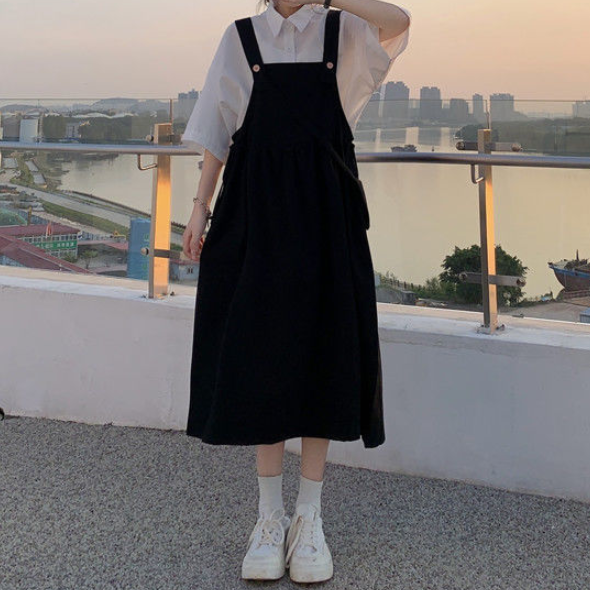 夏季日系韓版寬鬆學院甜美背帶洋裝襯衫兩件套 2XL 黑色背帶裙/單品 素面 聚酯纖維 10-20代 單排扣 套頭 翻領 吊帶 Ａ字裙 一般 高腰 壓褶 無袖 常規 簡約 五分袖 形象升級 春