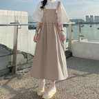 夏季日系韓版寬鬆學院甜美背帶洋裝襯衫兩件套 2XL 卡其色背帶裙/單品 素面 聚酯纖維 10-20代 單排扣 套頭 翻領 吊帶 Ａ字裙 一般 高腰 壓褶 無袖 常規 簡約 五分袖 形象升級 春