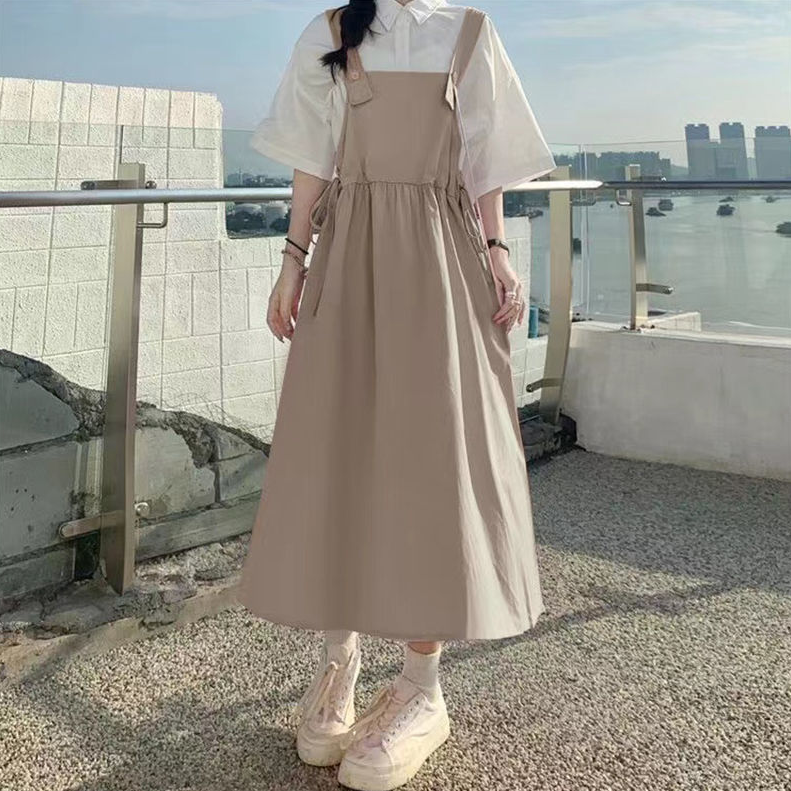 夏季日系韓版寬鬆學院甜美背帶洋裝襯衫兩件套 2XL 卡其色背帶裙+白色襯衫 素面 聚酯纖維 10-20代 單排扣 套頭 翻領 吊帶 Ａ字裙 一般 高腰 壓褶 無袖 常規 簡約 五分袖 形象升級 春