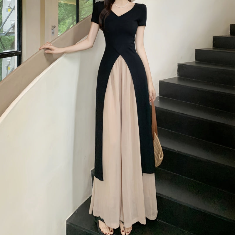 【單品可選】韓版顯瘦氣質風設計感開叉上衣+顯瘦裙褲寬褲套裝 M 上衣/單品 素面 聚酯纖維 短袖 時尚 優雅 常規 高腰 長款 無 夏 V領 套頭 約會