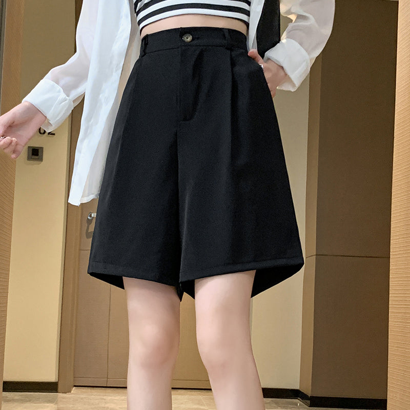 【M-5XL】簡約百搭韓版高腰a字五分西裝短褲 M 黑色 素面 聚酯纖維 時尚 無 夏