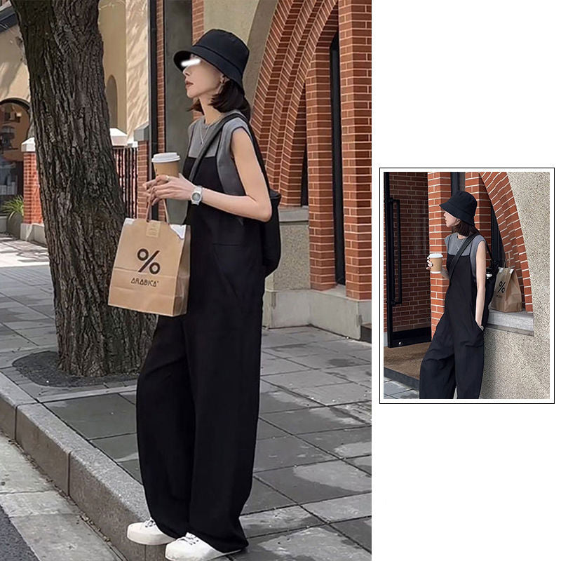 韓系慵懶風遮肉背帶褲黑色背帶褲工裝背帶褲 3XL 黑色 素面 顯瘦 時尚 休閑 夏 聚酯纖維 寬鬆 自然骨架 顯腿長 50代 假日/出外 柔軟 耐久性 20代 30代 40代 簡約