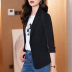 Korea正韓 修身 休閒 短版 小個子 七分袖 西裝外套 4XL 黑色 素面 春夏 40代 30代 20代 20-50代 紐扣 翻領 春夏秋 春秋 秋 聚酯纖維 夏 春 無 常規 辦公室休閒 清爽幹練 輕熟 工作 簡約 50代