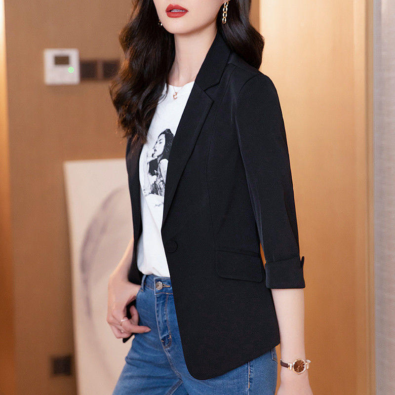 Korea正韓 修身 休閒 短版 小個子 七分袖 西裝外套 4XL 黑色 素面 春夏 40代 30代 20代 20-50代 紐扣 翻領 春夏秋 春秋 秋 聚酯纖維 夏 春 無 常規 辦公室休閒 清爽幹練 輕熟 工作 簡約 50代