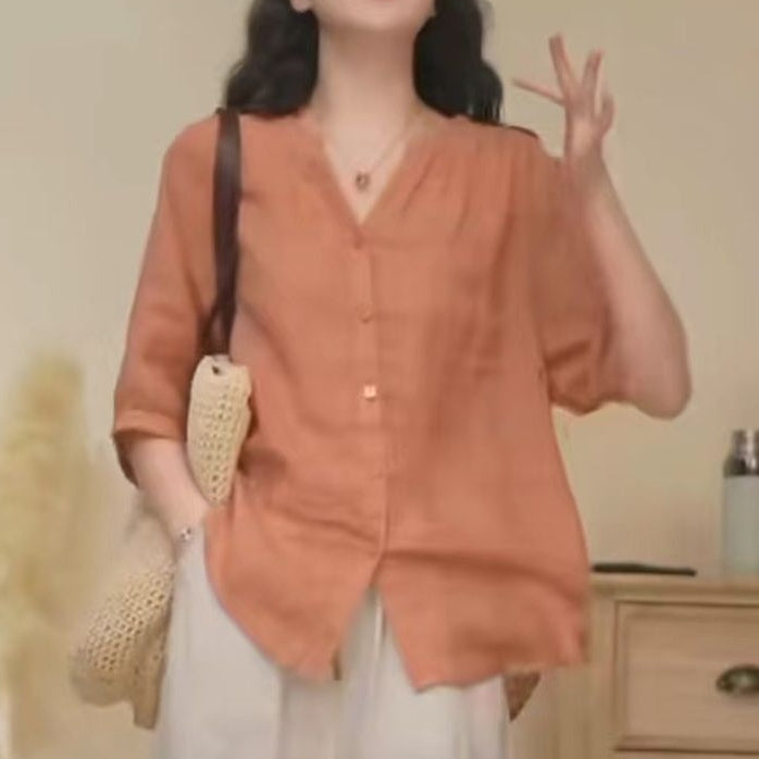 極簡風 純色 V領 斜紋 莧麻 五分袖 洋氣 襯衫 XL 灰色 素面 顯瘦 清爽休閒 自然 森系 休閑 簡約 拼接 紐扣 棉麻 通勤 假日/出外 寬鬆慵懶型 20-50代 單排扣 夏 春 春夏秋 春秋 春夏 秋 50代 40代 30代