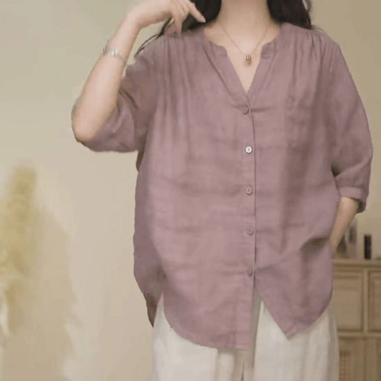 極簡風 純色 V領 斜紋 莧麻 五分袖 洋氣 襯衫 XL 灰色 素面 顯瘦 清爽休閒 自然 森系 休閑 簡約 拼接 紐扣 棉麻 通勤 假日/出外 寬鬆慵懶型 20-50代 單排扣 夏 春 春夏秋 春秋 春夏 秋 50代 40代 30代