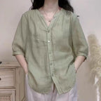極簡風 純色 V領 斜紋 莧麻 五分袖 洋氣 襯衫 5XL 綠色 素面 顯瘦 清爽休閒 自然 森系 休閑 簡約 拼接 紐扣 棉麻 通勤 假日/出外 寬鬆慵懶型 20-50代 單排扣 夏 春 春夏秋 春秋 春夏 秋 50代 40代 30代