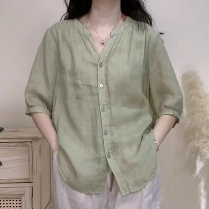 極簡風 純色 V領 斜紋 莧麻 五分袖 洋氣 襯衫 5XL 綠色 素面 顯瘦 清爽休閒 自然 森系 休閑 簡約 拼接 紐扣 棉麻 通勤 假日/出外 寬鬆慵懶型 20-50代 單排扣 夏 春 春夏秋 春秋 春夏 秋 50代 40代 30代