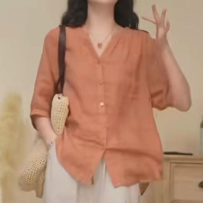 極簡風 純色 V領 斜紋 莧麻 五分袖 洋氣 襯衫 5XL 豆沙色 素面 顯瘦 清爽休閒 自然 森系 休閑 簡約 拼接 紐扣 棉麻 通勤 假日/出外 寬鬆慵懶型 20-50代 單排扣 夏 春 春夏秋 春秋 春夏 秋 50代 40代 30代
