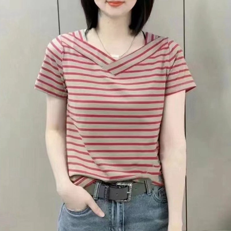 4色 L-5XL 萬年必備 簡約好搭 時尚 休閒 修身 顯瘦 條紋 T恤 5XL 咖啡色條紋02