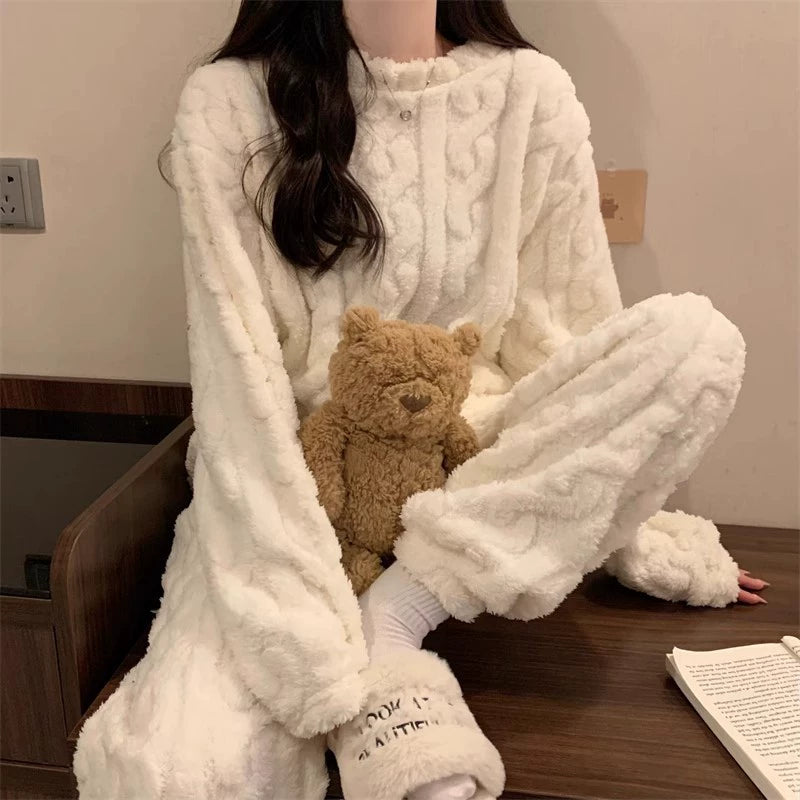 舒服軟糯好感 保暖 加絨加厚 溫暖 毛絨 珊瑚絨睡衣 家居服套裝