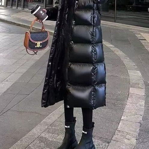 舒服軟糯保暖款中長款過膝連帽棉服 M 黑色 素面 聚酯纖維 長袖 時尚 休閑 常規 無 拉鏈 遮肉 秋 冬
