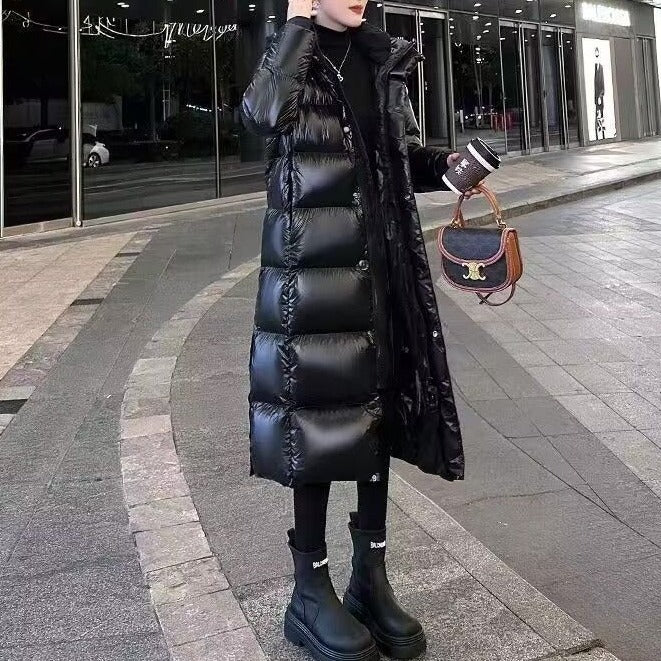 舒服軟糯保暖款中長款過膝連帽棉服 M 黑色 素面 聚酯纖維 長袖 時尚 休閑 常規 無 拉鏈 遮肉 秋 冬