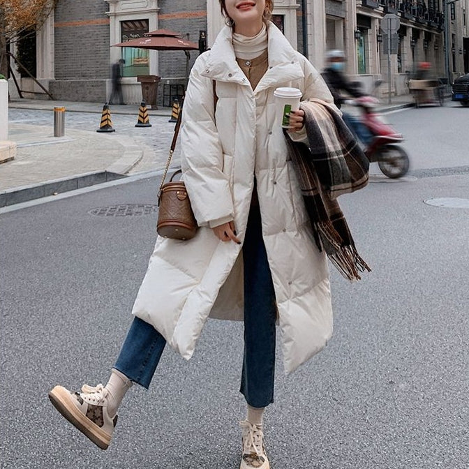 時尚韓版保暖寬鬆立領長款面包服棉服 S 米白色 素面 聚酯纖維 假日/出外 高級感 封閉式背 拉鏈 通勤 拉鍊 常規 自然 休閑 簡約 長袖 春秋 秋冬 秋 冬