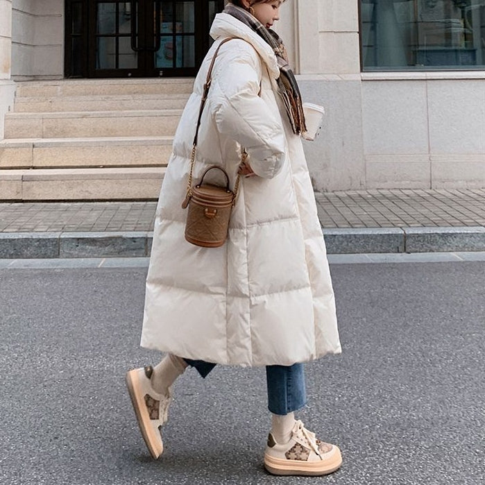 時尚韓版保暖寬鬆立領長款面包服棉服 S 米白色 素面 聚酯纖維 假日/出外 高級感 封閉式背 拉鏈 通勤 拉鍊 常規 自然 休閑 簡約 長袖 春秋 秋冬 秋 冬
