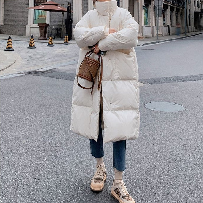 時尚韓版保暖寬鬆立領長款面包服棉服 S 米白色 素面 聚酯纖維 假日/出外 高級感 封閉式背 拉鏈 通勤 拉鍊 常規 自然 休閑 簡約 長袖 春秋 秋冬 秋 冬