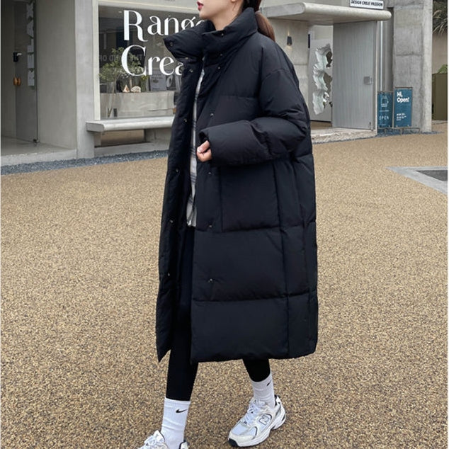 時尚韓版保暖寬鬆立領長款面包服棉服 XL 黑色 素面 聚酯纖維 假日/出外 高級感 封閉式背 拉鏈 通勤 拉鍊 常規 自然 休閑 簡約 長袖 春秋 秋冬 秋 冬