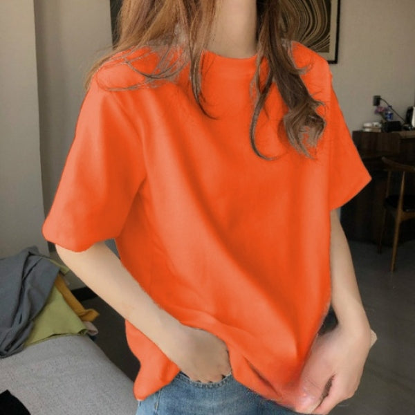 簡約質感休閒素面多色寬鬆圓領T恤 2XL 熒光橙色 套頭 聚酯纖維 春 夏 一般 無 常規 休閑 短袖