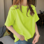 簡約質感休閒素面多色寬鬆圓領T恤 2XL 熒光綠色 套頭 聚酯纖維 春 夏 一般 無 常規 休閑 短袖