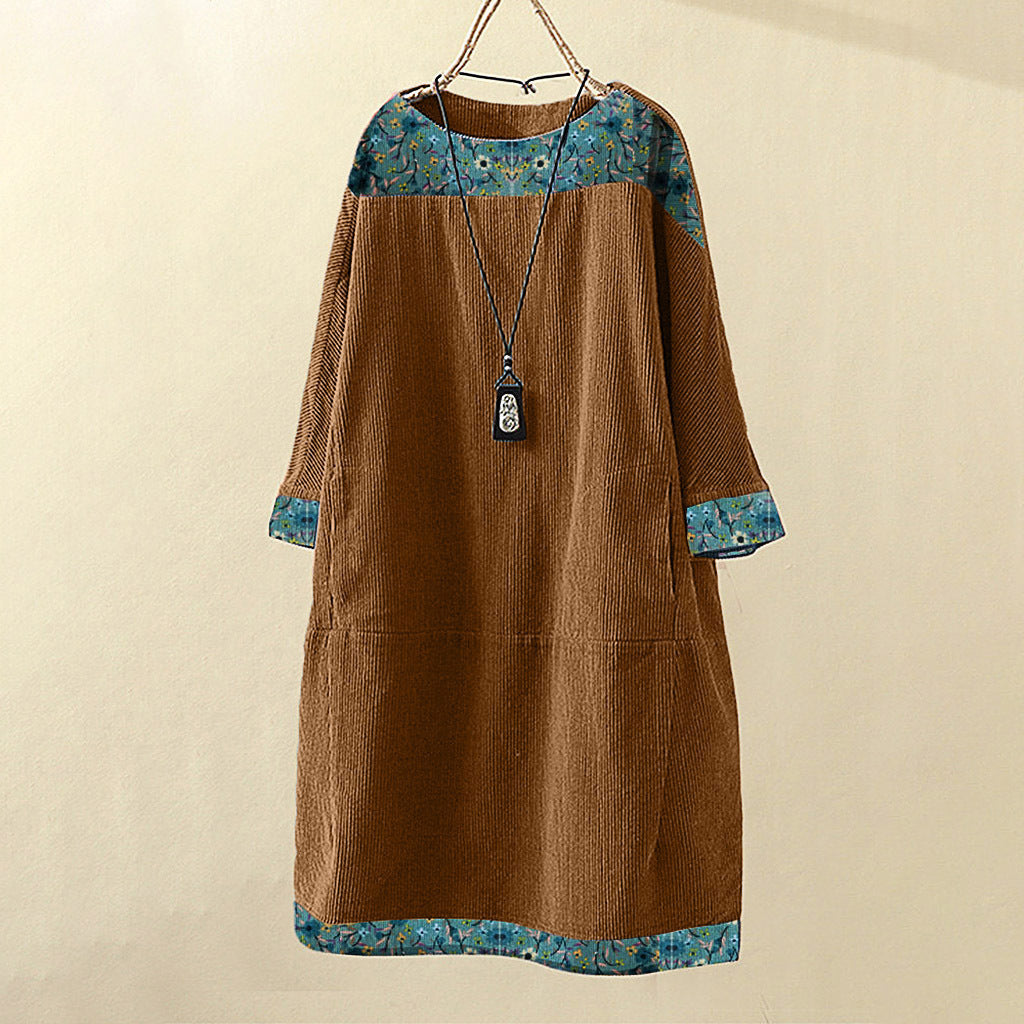 視覺-5kg 時尚 休閒 圓領 長袖 燈芯絨 印花洋裝 5XL 黃色
