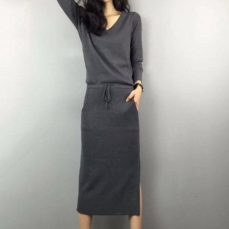 （黑色,灰色/M-3XL）經典簡約 素面 長袖 綁帶 開叉 V領 長洋裝 3XL 深灰色