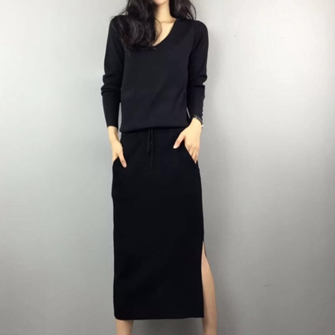 （黑色,灰色/M-3XL）經典簡約 素面 長袖 綁帶 開叉 V領 長洋裝 3XL 黑色