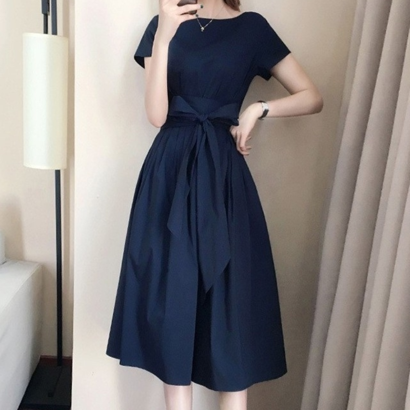 【M-4XL】知性美型 素面 蝴蝶結 綁帶 短袖 長洋裝 4XL 藏青色