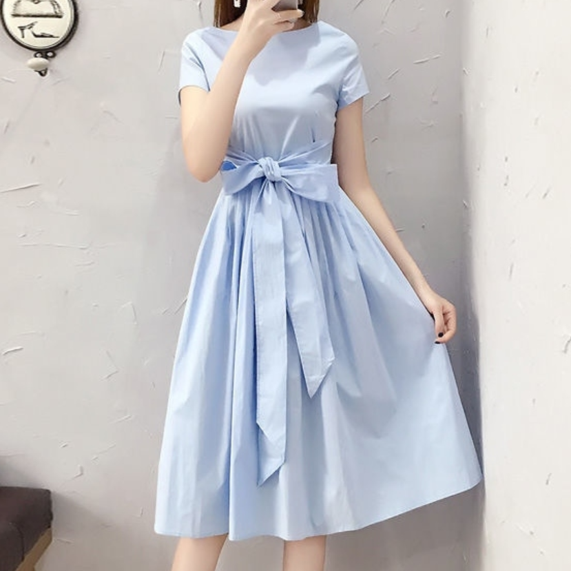 【M-4XL】知性美型 素面 蝴蝶結 綁帶 短袖 長洋裝 4XL 藍色