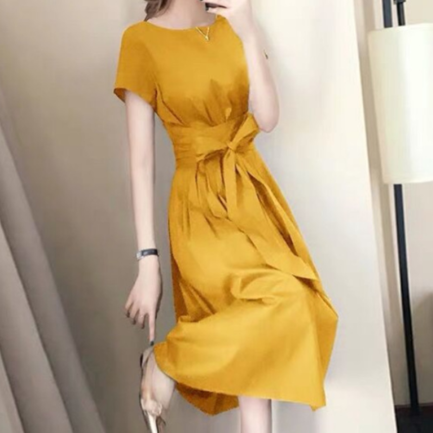 【M-4XL】知性美型 素面 蝴蝶結 綁帶 短袖 長洋裝 4XL 黃色