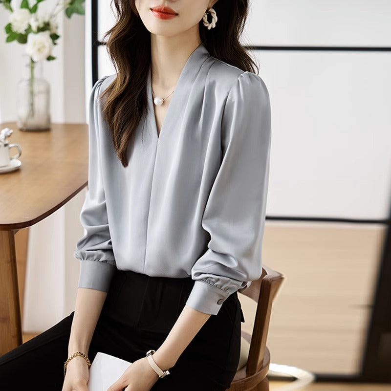 高級感緞面V領襯衫 2XL 灰色 素面 其他 長袖 簡約 常規 無 一般 套頭 封閉式背 自然骨架 顯瘦 假日/出外 春秋 春 秋