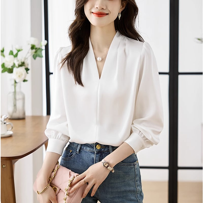 高級感緞面V領襯衫 2XL 白色 素面 其他 長袖 簡約 常規 無 一般 套頭 封閉式背 自然骨架 顯瘦 假日/出外 春秋 春 秋