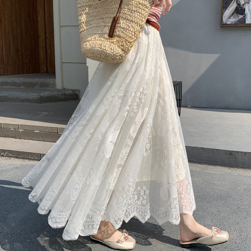 法式 高腰 氣質 垂感 百褶裙 大擺 鏤空 中長款 a字裙 蕾絲 半身裙