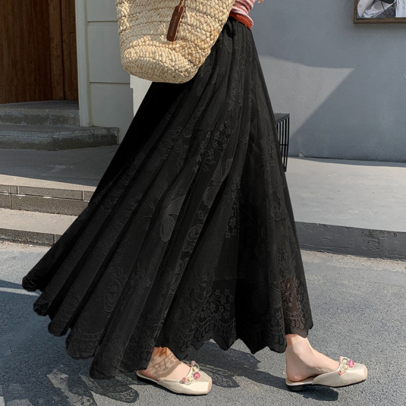 法式 高腰 氣質 垂感 百褶裙 大擺 鏤空 中長款 a字裙 蕾絲 半身裙