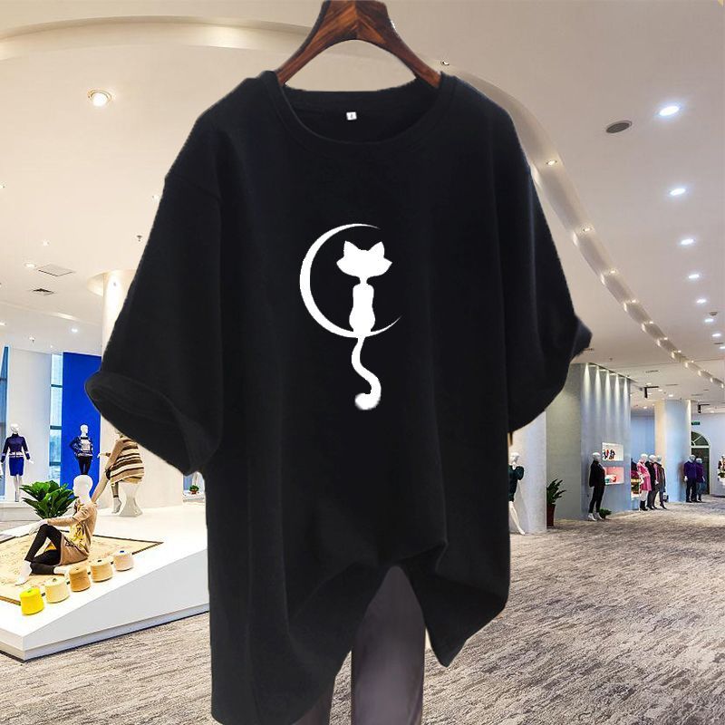 簡約韓系 必備百搭款 卡通月亮猫 印花 圓領 五分袖 時尚 休閑 寬鬆感 T恤 M 白色 聚酯纖維 韓版 常規 春 夏 套頭 20-40代