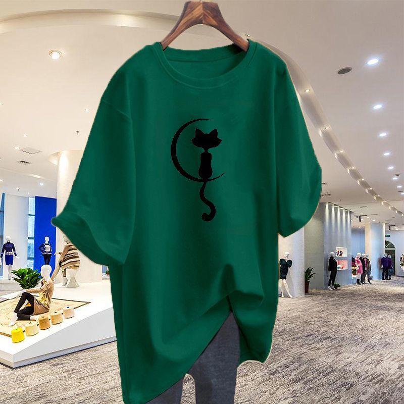 簡約韓系 必備百搭款 卡通月亮猫 印花 圓領 五分袖 時尚 休閑 寬鬆感 T恤 5XL 墨綠色 聚酯纖維 韓版 常規 春 夏 套頭 20-40代