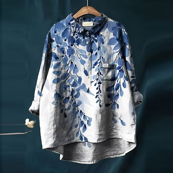 休閒 大碼 棉麻 印花 長袖襯衫 M 圖片色 聚酯纖維 簡約 時尚 森系 常規 春秋 翻領 套頭