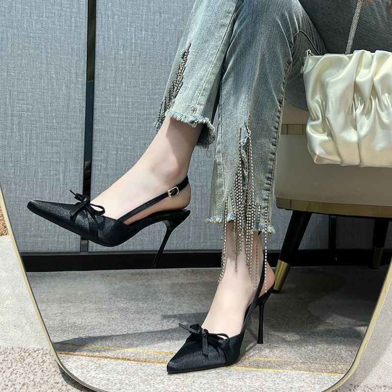 法式 氣質 名媛 仙女風 蝴蝶結 包頭 尖頭 細跟 高跟鞋 34 黑色/6cm