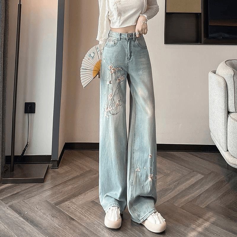 國風刺繡款新中式印花直筒牛仔褲 S 復古藍 聚酯纖維 中國風 高腰 春秋 春夏 春 夏 秋 冬 常規款