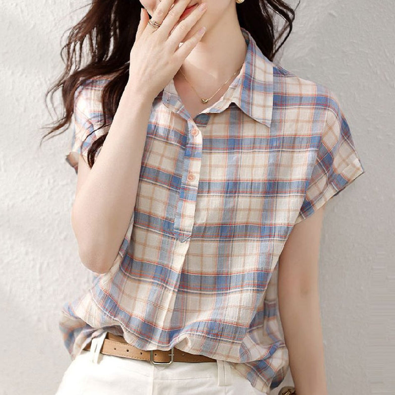 韓版簡約格紋翻領短袖襯衫 M 彩色格紋 聚酯纖維 休閑 工作 常規 紐扣 一般 夏 POLO領 套頭 假日/出外 通勤