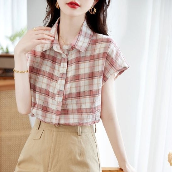 韓版簡約格紋翻領短袖襯衫 2XL 粉色格紋 聚酯纖維 休閑 工作 常規 紐扣 一般 夏 POLO領 套頭 假日/出外 通勤