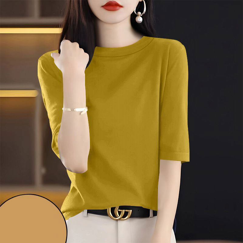 【全7色】螺紋款洋氣五分袖圓領通勤T恤 4XL 土黃色 素面 春秋 春夏 春 夏 套頭 針織 短款 無 常規 簡約