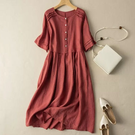 氣質 減齡 文藝 復古 森系 素面 棉麻 中長款 襯衫裙 長洋裝 M 綠色