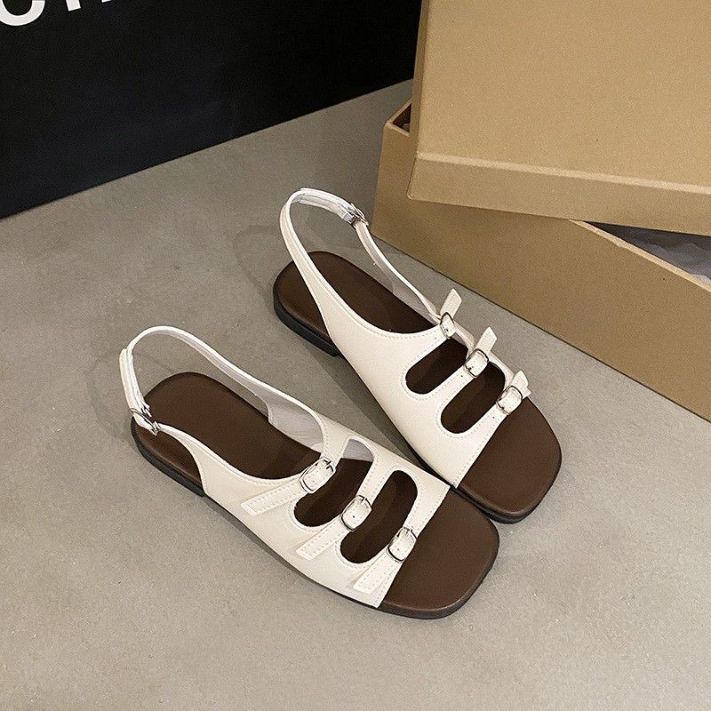 爆款 時尚 復古 森系 沙灘 搭扣 方頭 平底 羅馬 涼鞋 40 米白色