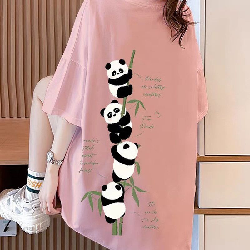 【全6色】寬鬆純棉大碼卡通印花半袖T恤 M 黑色 中長款 套頭 圓領 春秋 春夏 常規 韓版 休閑 時尚 簡約 短袖