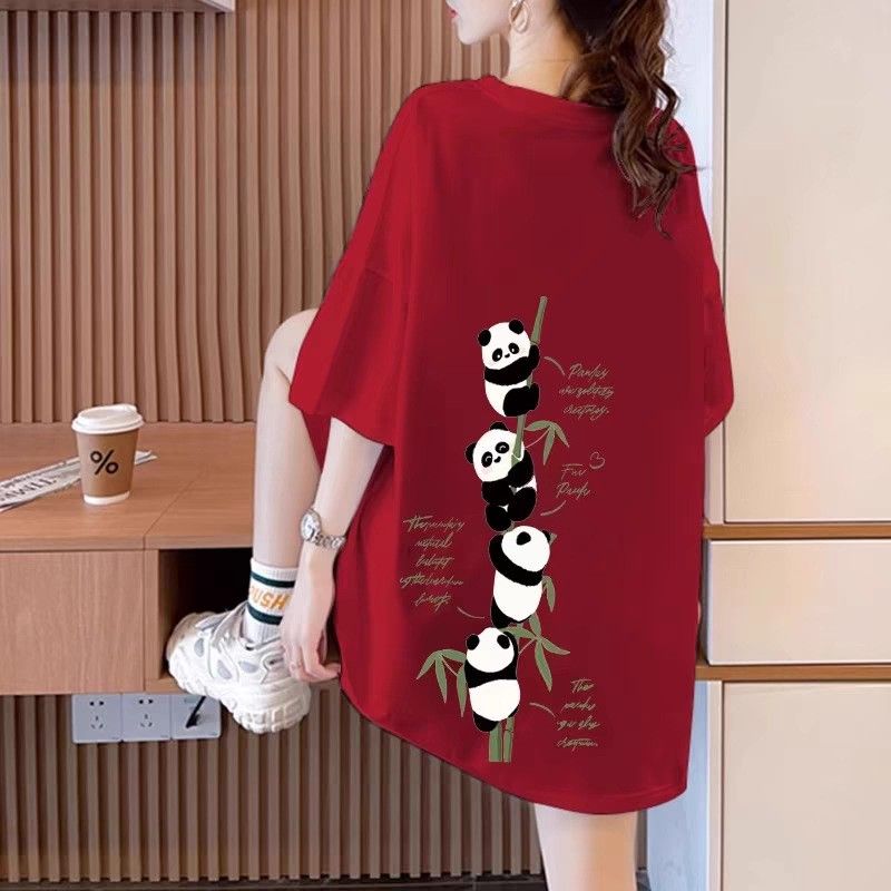 【全6色】寬鬆純棉大碼卡通印花半袖T恤 3XL 酒紅色 中長款 套頭 圓領 春秋 春夏 常規 韓版 休閑 時尚 簡約 短袖