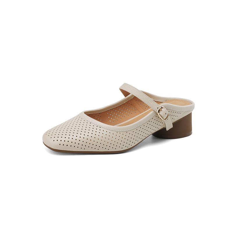 簡約 百搭 軟皮 鏤空 透氣 中跟 粗跟 一字扣 外穿 包頭 半拖鞋
