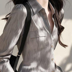 法式復古氣質優雅高質感翻領襯衫 M 灰色 素面 有口袋 紐扣 單排扣 春夏 春 夏 短款 其他 泡泡袖 常規 輕熟 時尚 長袖