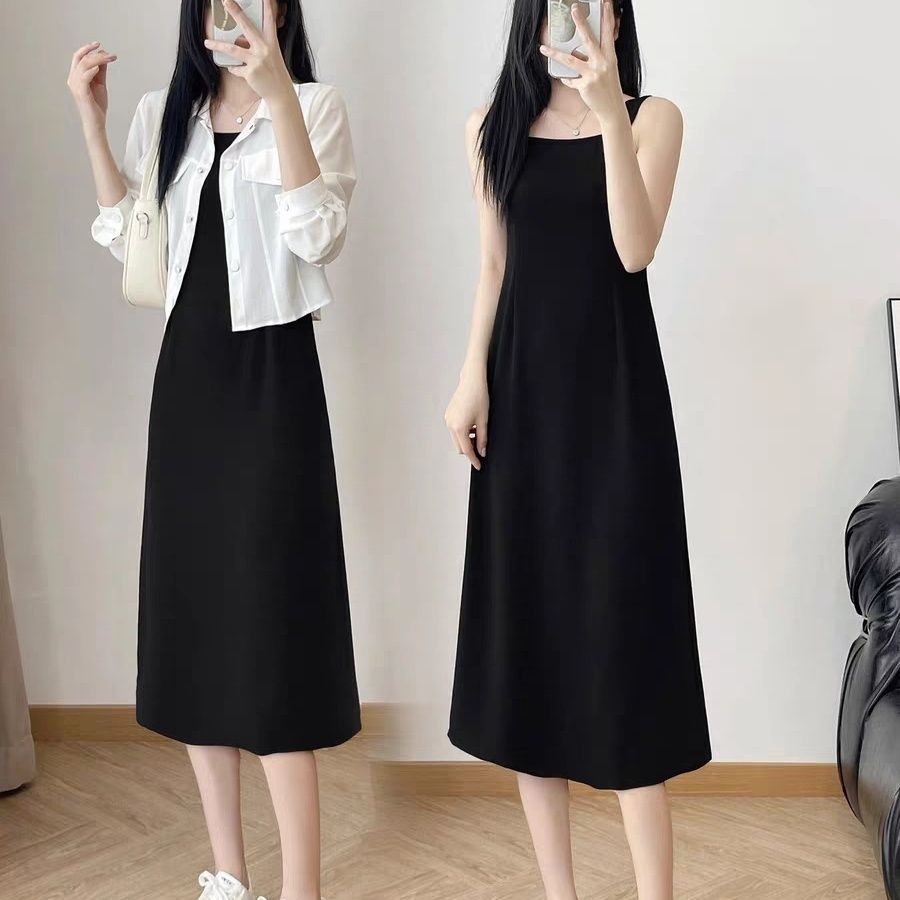 【單品可選】時尚吊帶收腰遮胯長洋裝+外搭翻領外套兩件套 XL120-133 短款外套+吊帶長裙【2件套】 素面 及膝長度 無袖 簡約 休閑 韓版 常規 襯衫袖 聚酯纖維 中長款 紐扣 Ａ字裙 吊帶裙 春夏 圓領 單排扣 套頭 拼接 有口袋