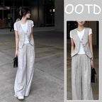 【單品可選】超好康時尚通勤風無袖西裝馬甲+百搭T恤+高腰長褲套裝 M 馬甲+T恤+長褲/三件套 素面 棉麻 休閑 韓版 常規 紐扣 有口袋 中腰 一般 圓領 夏 單排扣 50代以下 20-50代 20代 30代 40代 50代 短袖